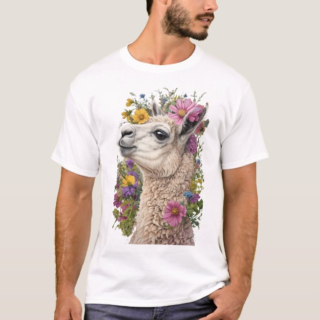 Llama-sidprofil med brant Blommigt T Shirt (Framsida)