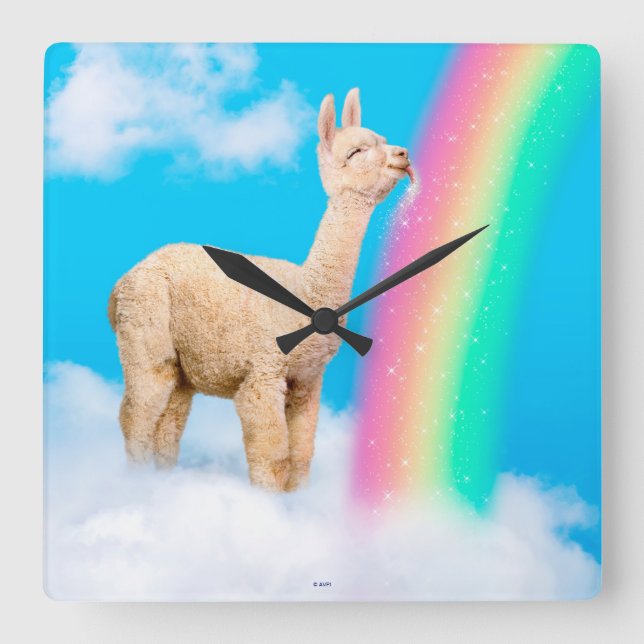 Llama Slickar Rainbow Fyrkantig Klocka (Framsida)