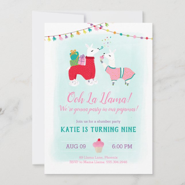 Llama Slumber Party födelsedag Inbjudningar (Framsida)