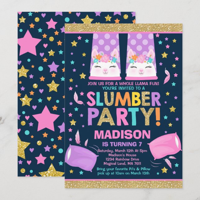 Llama Slumber Party Llama födelsedagsinbjudan Inbjudningar (Fram/baksida)