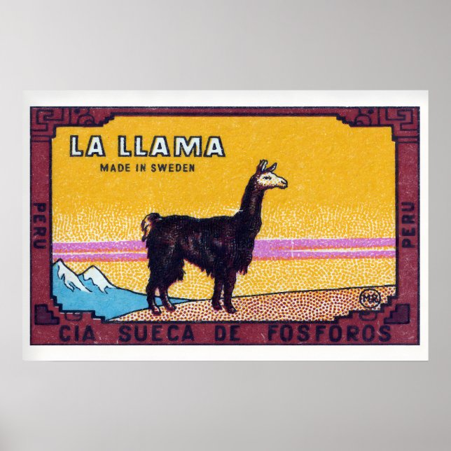 Llama Standing Peru 1920s-30s Matchbox Label Poster (Framsidan)