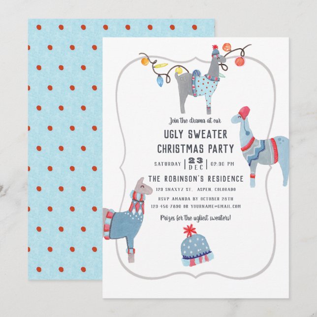 Llama-tema ful jultröja julfest inbjudningar (Fram/baksida)