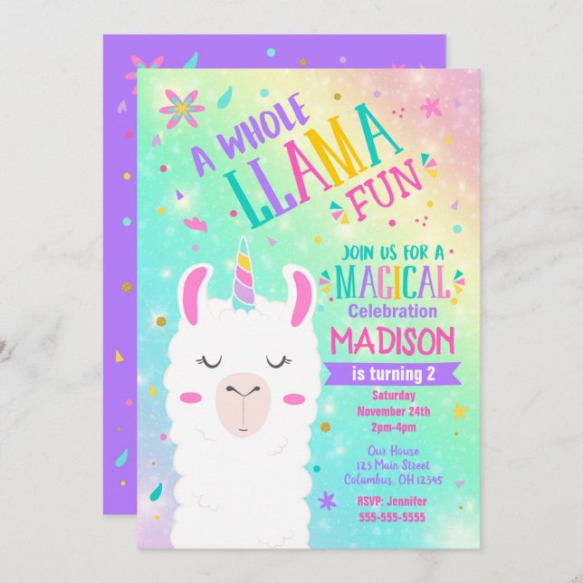 Llama Unicorn Birthday bjudande Magic Party Inbjudningar (Fram/baksida)