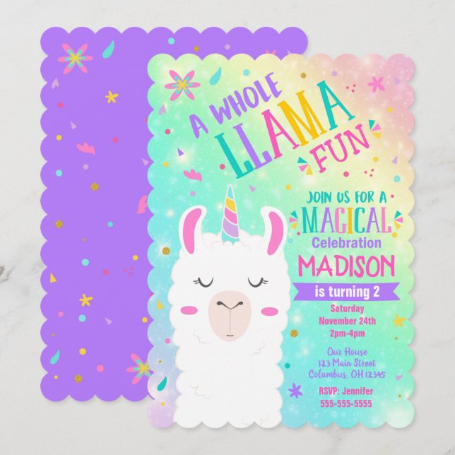 Llama Unicorn Birthday bjudande Magic Party Inbjudningar (Fram/baksida)