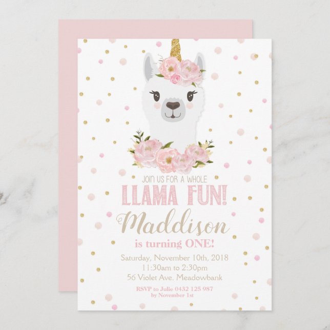 Llama Unicorn Birthday-inbjudan  Blommigt Inbjudningar (Fram/baksida)