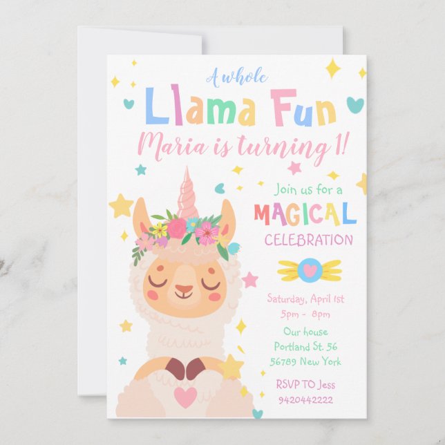 Llama Unicorn Magic Party Barns födelsedag Inbjudningar (Framsida)