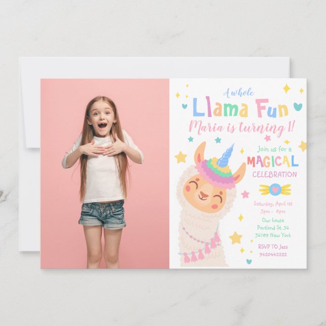 Llama Unicorn Magic Photo Birthday-inbjudan Inbjudningar (Framsida)