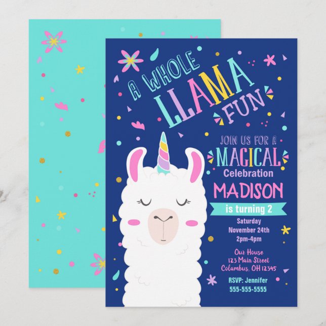 Llama Unicorns födelsedagsinbjudan Magic Party Inbjudningar (Fram/baksida)