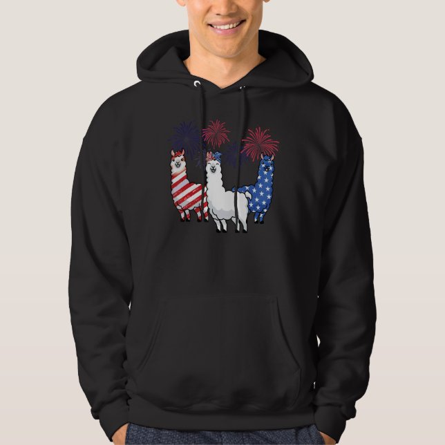 Llama USA American Flagga 4:e juli Fireworks Patri Hoodie (Framsida)