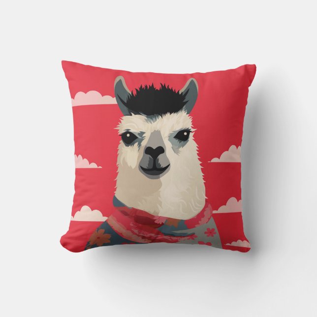 Llama Wearing Blommigt Scarf under Red Himlar Kudde (Framsida)