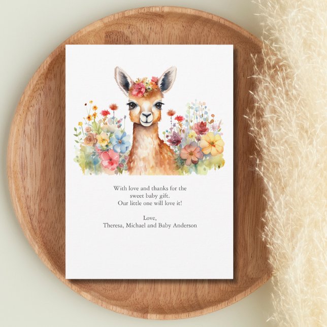 Llama Wildblommor Baby Shower Tack för kortet (Baby Llama Watercolor Wildflowers Baby Shower New baby gift thank you card)