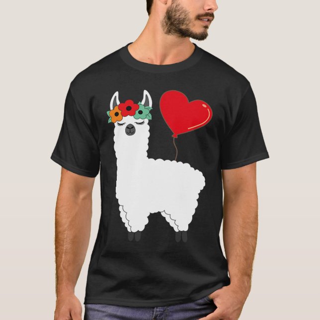 Llama With Heart Balloon Valentines Day Love Boys T Shirt (Framsida)