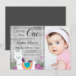 Llama Wooden One Photo 1st Birthday Girly Blommigt Inbjudningar