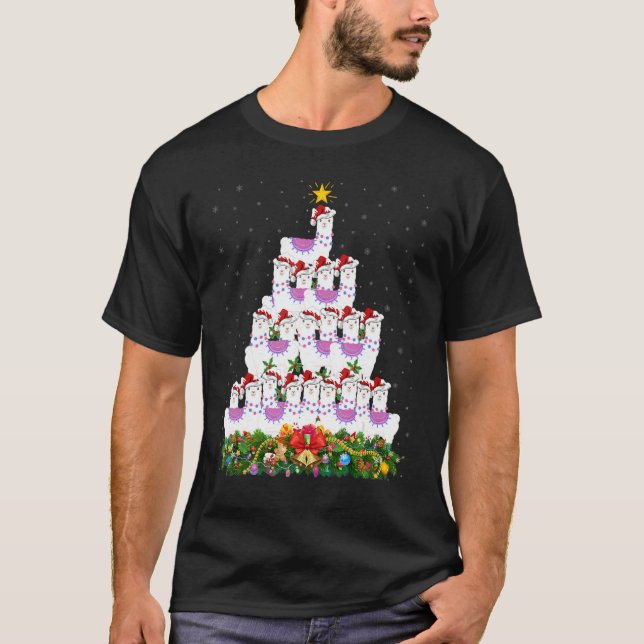 Llama  Xmas Lights Santa Llama Christmas Tree T Shirt (Framsida)