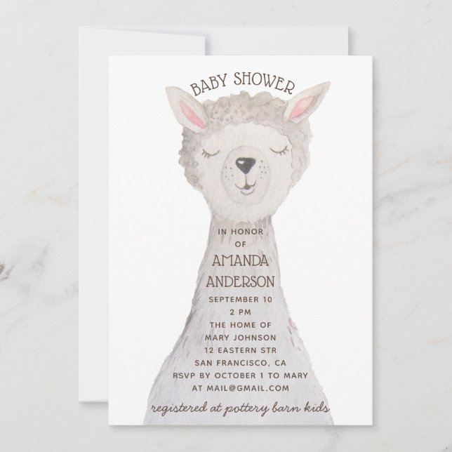 Llamabarnkalas | Söt akvarell Alpaca-djur Inbjudningar (Framsida)