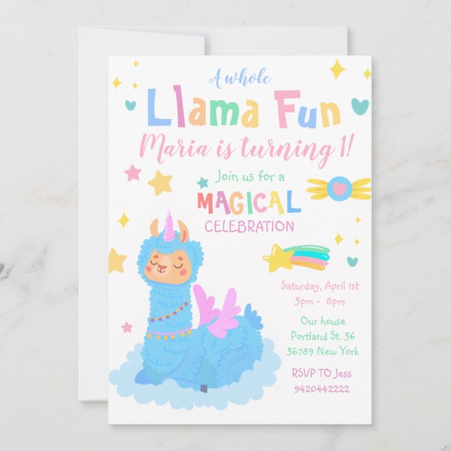 Llamacorn Magic party Llama roligt Birthday Inbjudningar (Framsida)