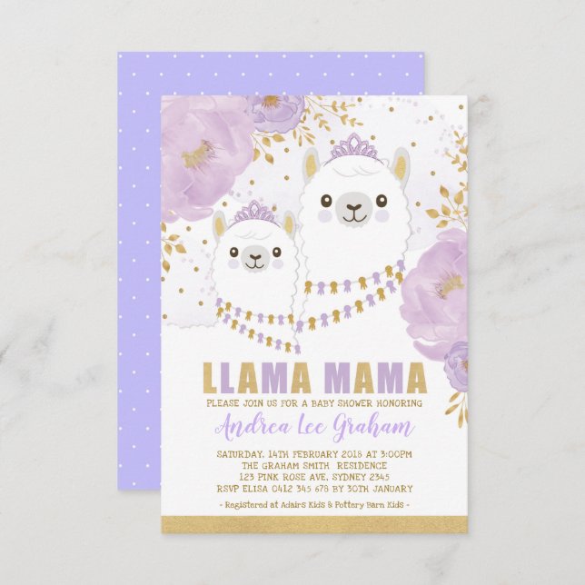Llamamammababy shower/purpurfärgad guld- blom- inbjudningar (Fram/baksida)