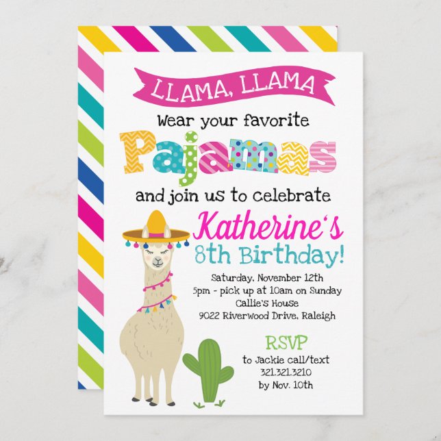 LlamaPajamafödelsedagsfest Inbjudningar (Fram/baksida)