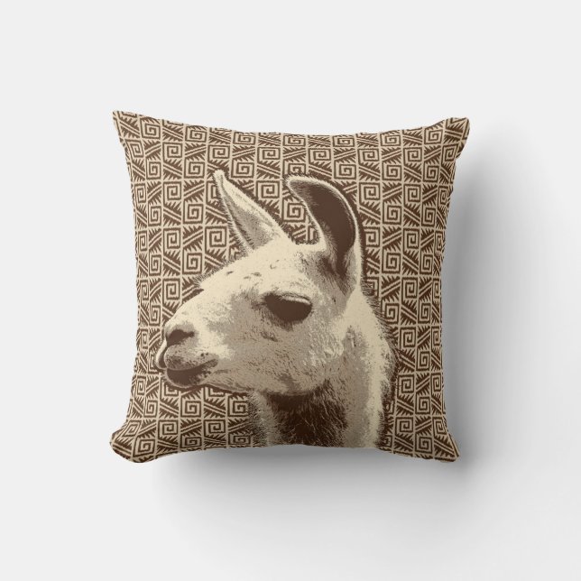 Llamaporträtt på Aztec mönster, beige & brunt Kudde (Framsida)