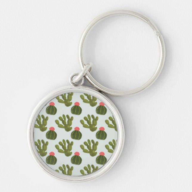 Llamarama Collection | Cute Cactus Mönster Rund Silverfärgad Nyckelring (Framsidan)