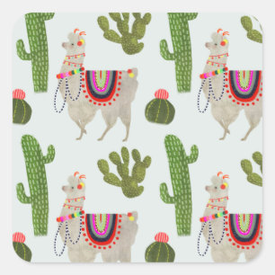 Llamarama-samling Cactus & Llama Mönster Fyrkantigt Klistermärke
