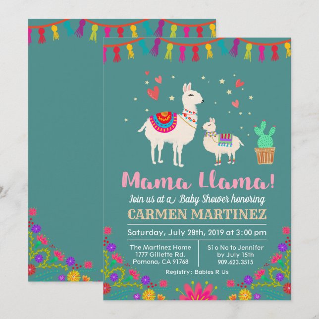 Llamas blommiga baby shower-inbjudan inbjudningar (Fram/baksida)