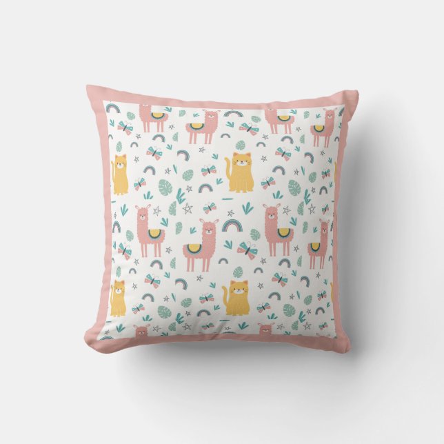 Llamas Cats Alapaca Rosa Namn Animals Boho Kudde (Framsida)