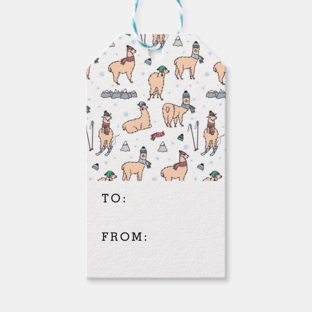 Llamas i hattar och scarves Skiing Mönster Presentetikett (Framsidan)