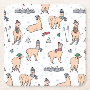 Llamas i hattar & Scarves som skidar mönster Underlägg Papper Kvadrat