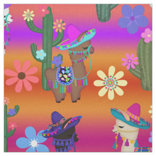 Llamas i Sombreros och Cacti Tyg
