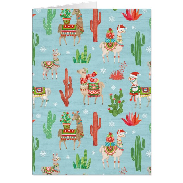 Llamas jul Light Teal Mönster Hälsningskort (Framsidan)