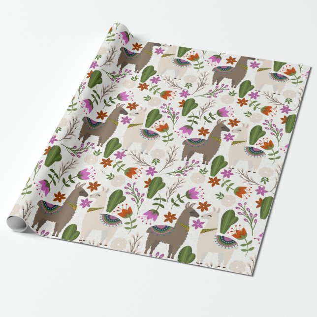 Llamas och Cactus on White Presentpapper (Utrullad)