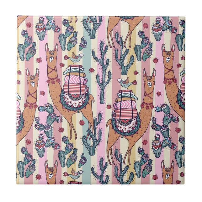 Llamas på randmönster kakelplatta (Framsidan)