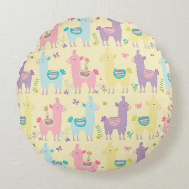 Llamas Rosa Gult Lila Cute Ad,Nursery Rund Kudde (Framsidan)