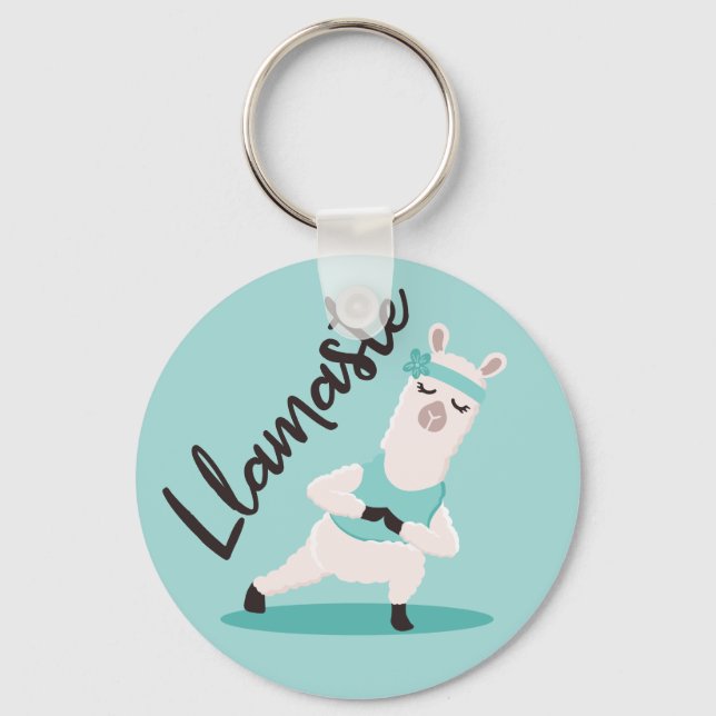 Llamaste Cute Teal Llama Yoga Character Monogram Nyckelring (Framsida)