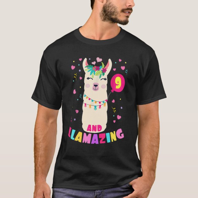 Llamazing 9 års Old Girl Birthday Cute Llama Alp T Shirt (Framsida)