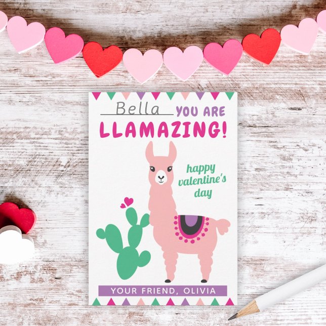 Llamazing Rosa Llama Girls Classroom Valentine Anteckningskort (Skapare uppladdad)