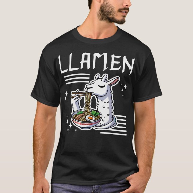 Llamen Cute Llama Eating Ramen T Shirt (Framsida)