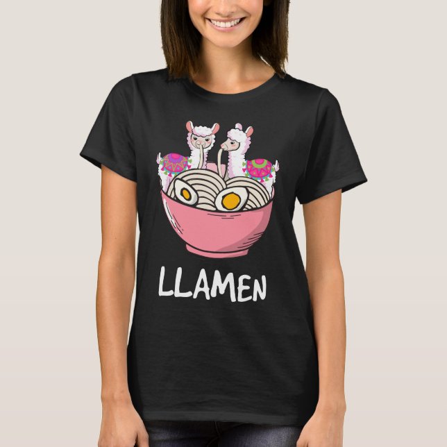 Llamen Llama Eating Ramen T Shirt (Framsida)