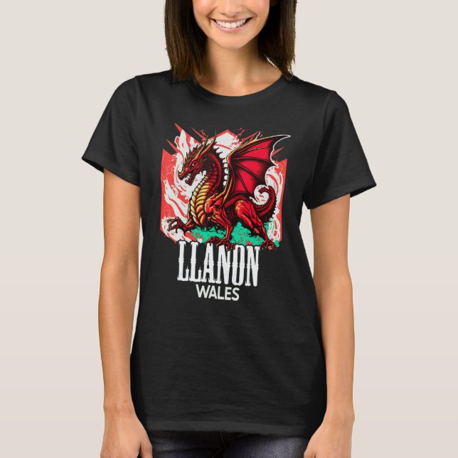 Llanon Wales Welsh Flag Y Ddraig Goch Dragon T Shirt (Framsida)