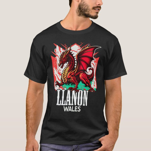 Llanon Wales Welsh Flag Y Ddraig Goch Dragon T Shirt (Framsida)