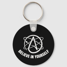 Llavero metálico circular de ateísmo y ciencia. nyckelring