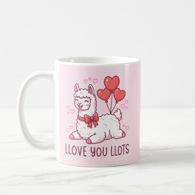 Llove You Llots - Kawaii Llama Valentine Kaffemugg (Vänster)