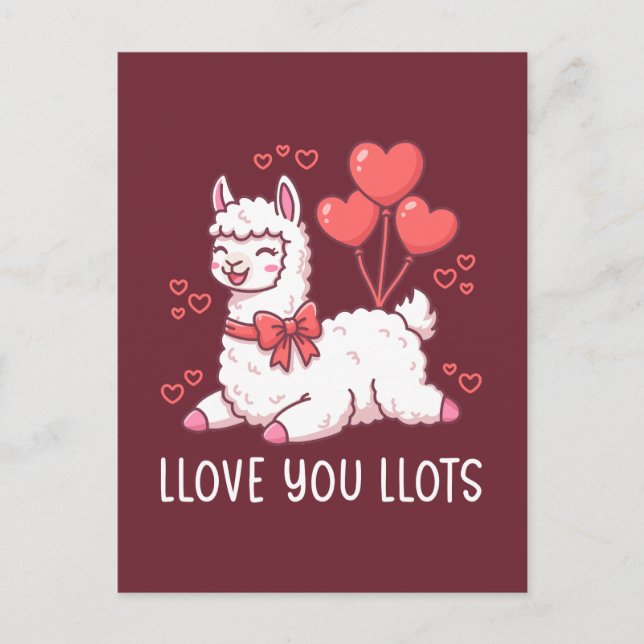 Llove You Llots - Kawaii Llama Valentine Vykort (Framsida)