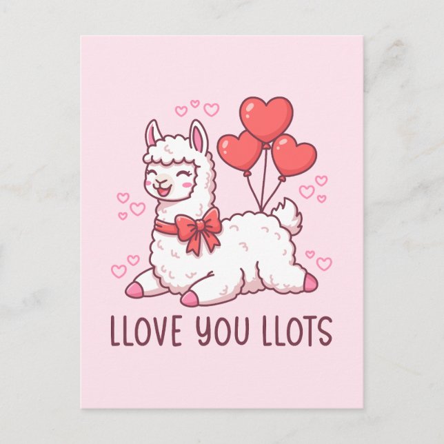 Llove You Llots - Kawaii Llama Valentine Vykort (Framsida)