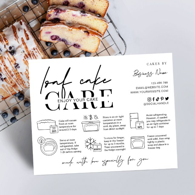 Loaf Pound Cake Minimalist Baker Care Instructions Tack Kort (Loaf / Pound Cake care instructions card with icons, space for your business info and thank you note)