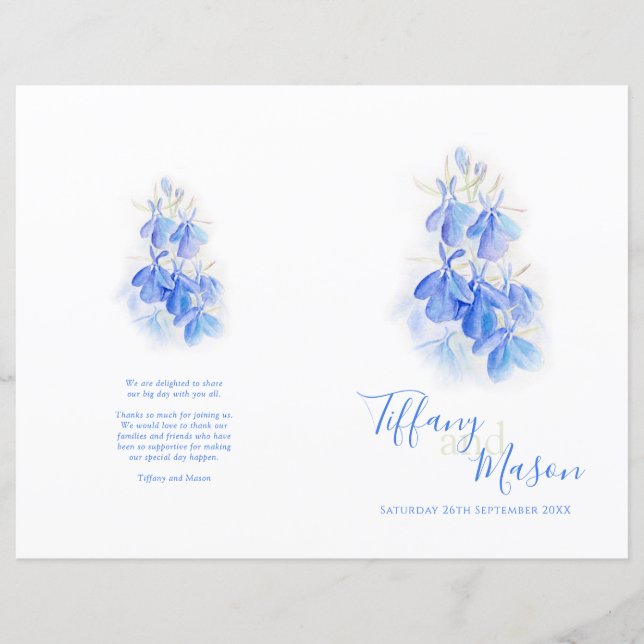 Lobelia blue white grönt art Bröllopsprogram (Framsida)