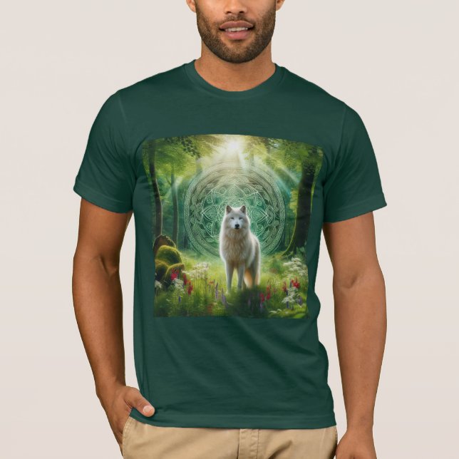 Lobo Blanco Místico en Bosque Encantado T Shirt (Framsida)
