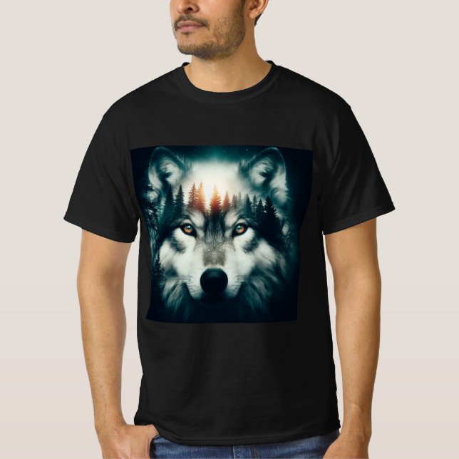  Lobo en la Noche: Diseño de Doble Exposición T Shirt (Framsida)