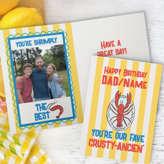 Lobster Amalfi Gult Rand Photo Birthday Kort (funny birthday photo card with lobster and crustacean themed dad joke)
